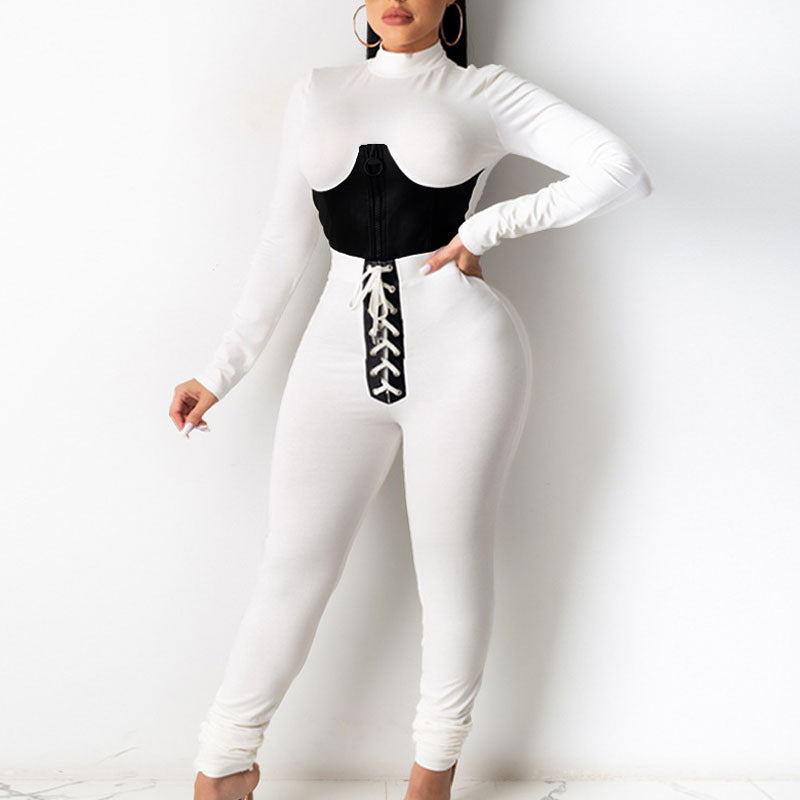 Colorblock Long Sleeve Crop Top & Lace Up Pants Set