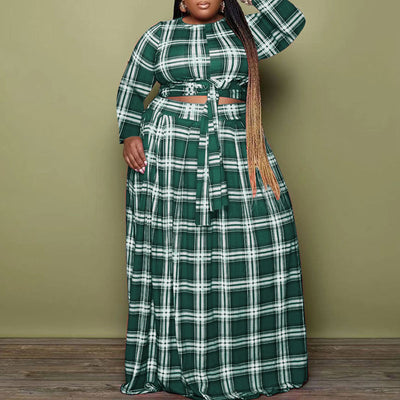 Plaid Pattern Long Sleeve Plus Size Crop Top & Skirt Set