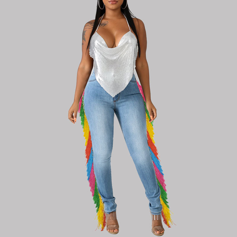 Colorful High Waist Tassel Design Denim Pants