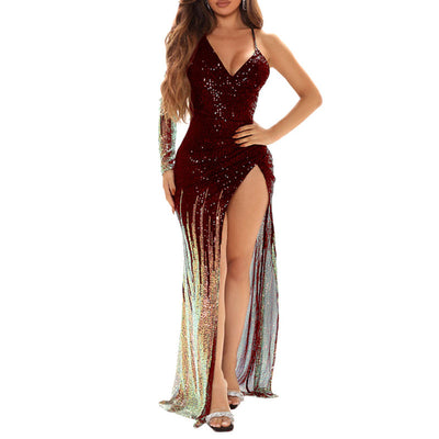 Sequins V-Neck One Sleeve High Slit Maxi Dress