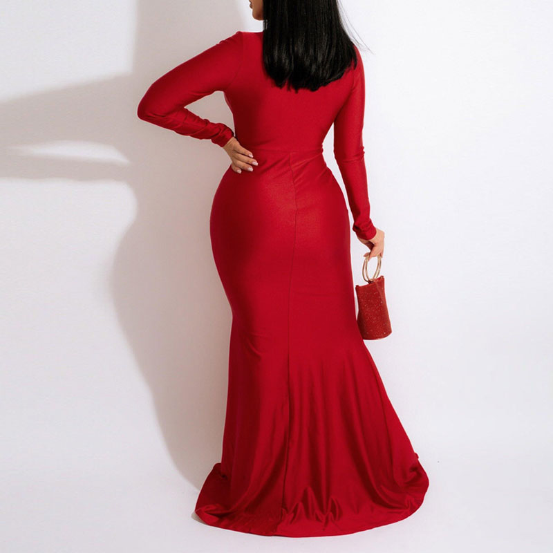 Solid Deep V-Neck Long Sleeve High Slit Maxi Dress