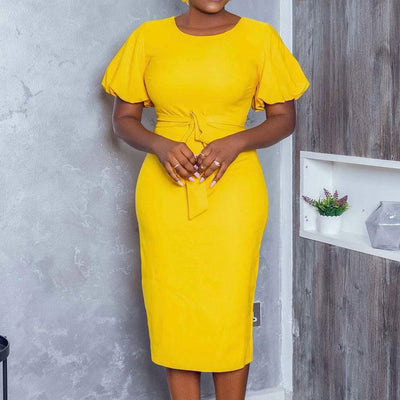 Solid Puff Sleeve Belted Midi Dress