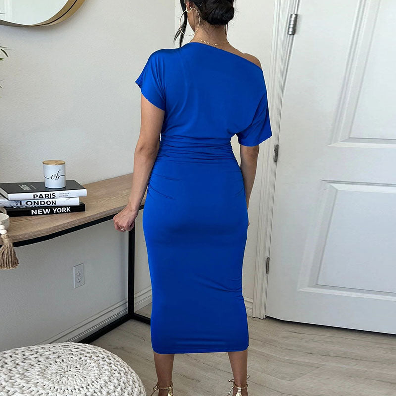 Solid Oblique Shoulder Short Sleeve Ruched Midi Dress