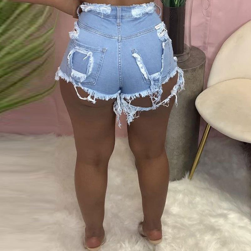 Solid Cut Out Pocket Design High Waist Denim Shorts