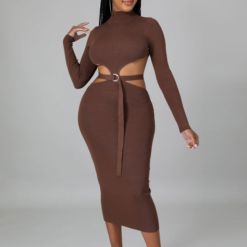 Solid Long Sleeve Cut Out Belted Dress