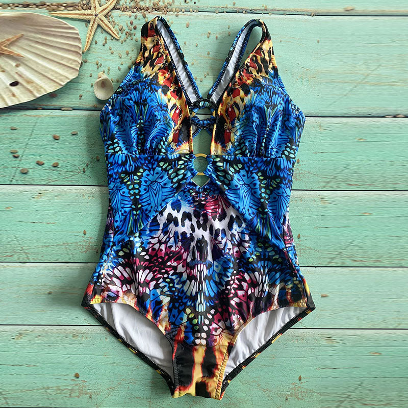 Print Deep V-Neck Cut Out One Piece Swimsuit