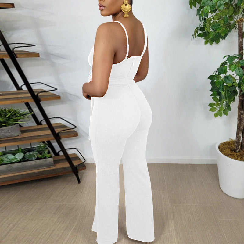 Solid Deep V-Neck Sleeveless Belted Wide Leg Jumpsuit