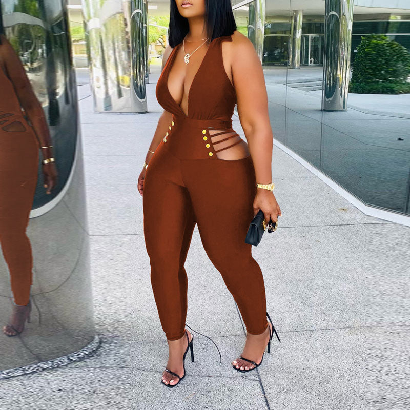 Solid Deep V-Neck Sleeveless Cut Out Jumpsuit