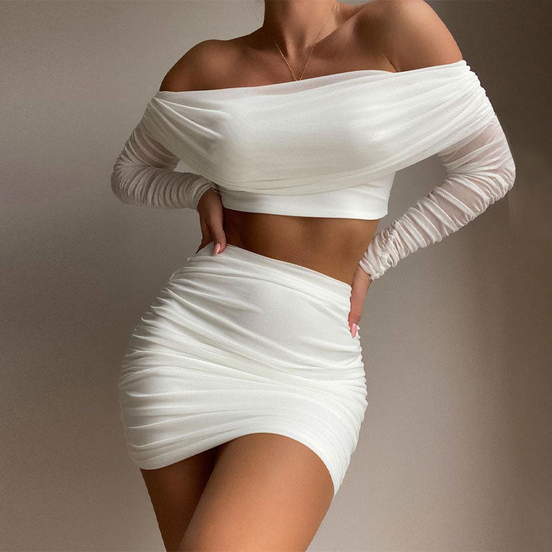 Solid Off Shoulder Sheer Mesh 2PCS Skirt Set