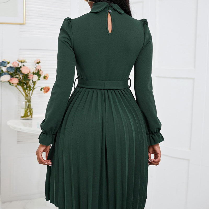 Christmas Long Sleeve Belted Pleated Dress