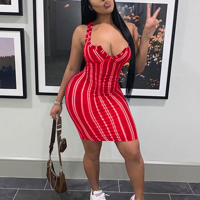 Striped Deep V-Neck Sleeveless Bodycon Dress