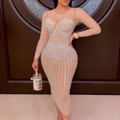 Rhinestone Sheer Mesh Patchwork Bodycon Dress