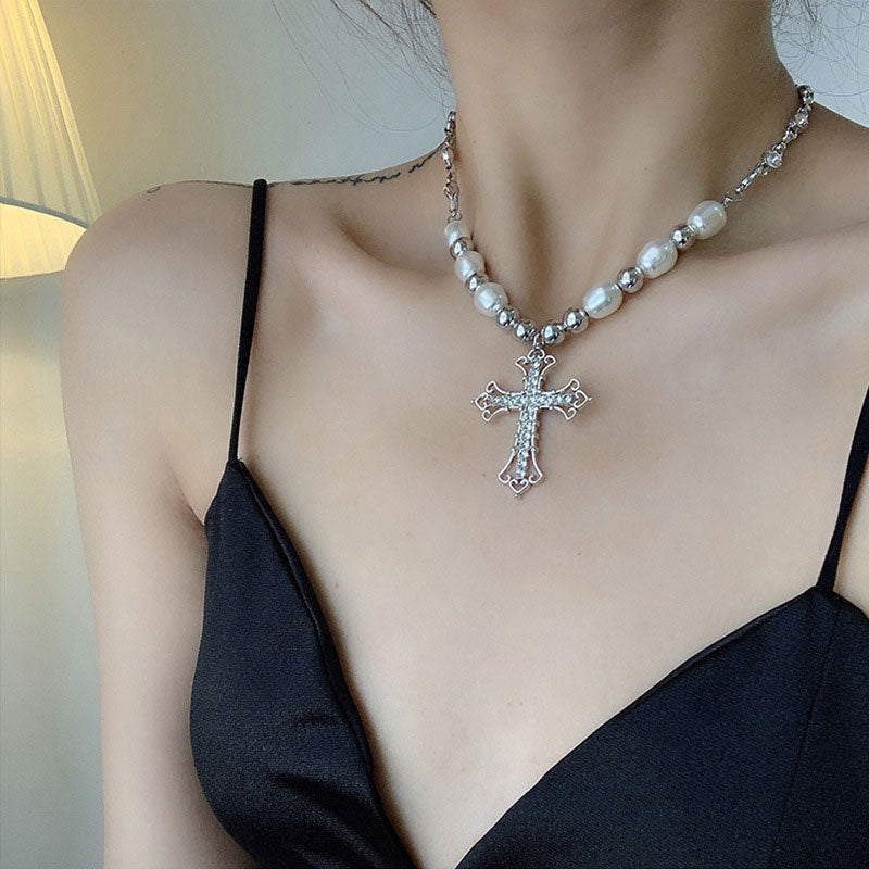 Beaded Rhinestone Cross Pattern Necklace