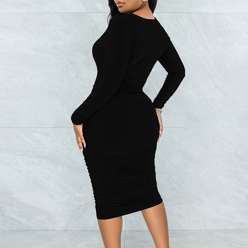 Solid Deep V-Neck Long Sleeve Midi Dress