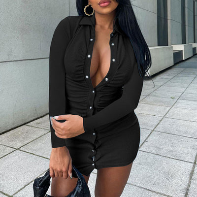 Solid Long Sleeve Button DEtailed Ribbed Bodycon Dress