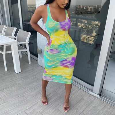 Tie Dye Print U Neck Sleeveless Bodycon Dress