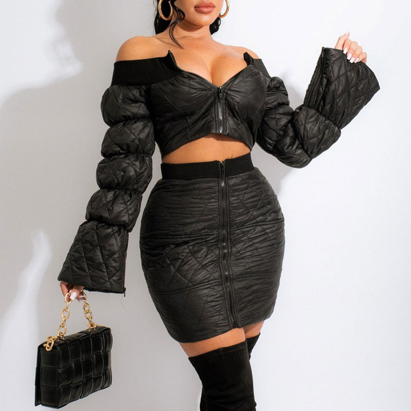 Solid Off Shoulder Lantern Sleeve Coat & Skirt Set