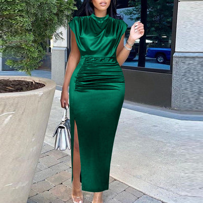 Solid Sleeveless Ruched High Slit Maxi Dress