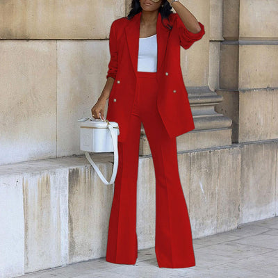 Solid Long Sleeve Button Detailed Blazer Coat & Wide Leg Pants Set