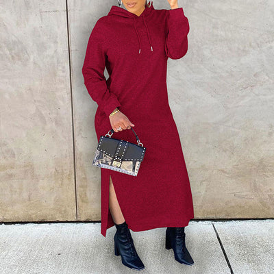 Solid Long Sleeve Slit Hoodie Sweater Dress