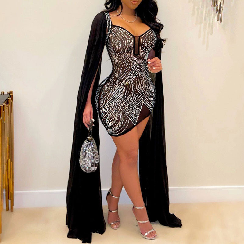 Rhinestone U Neck Sheer Mesh Cape Dress