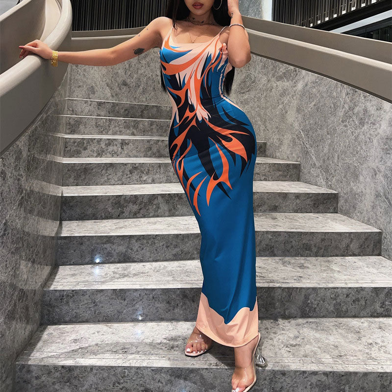 Print Backless Spaghetti Strap Maxi Dress