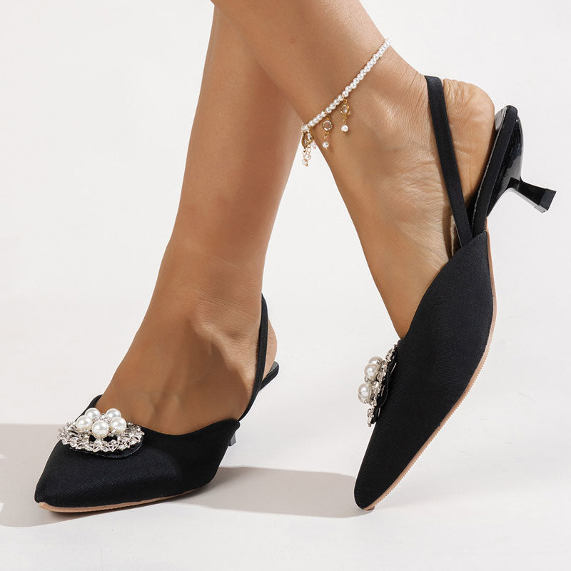 Beaded Rhinestone Pointed Toe Slingback Sandals