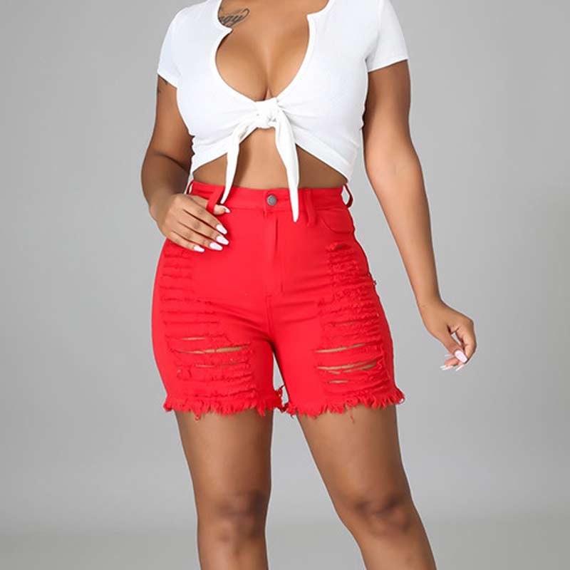 Solid High Waist Cut Out Denim Shorts