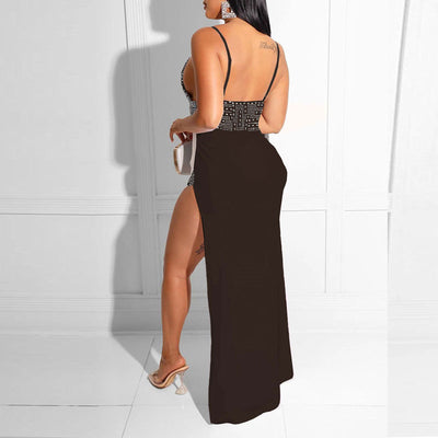 Rhinestone Spaghetti Strap High Slit Maxi Dress