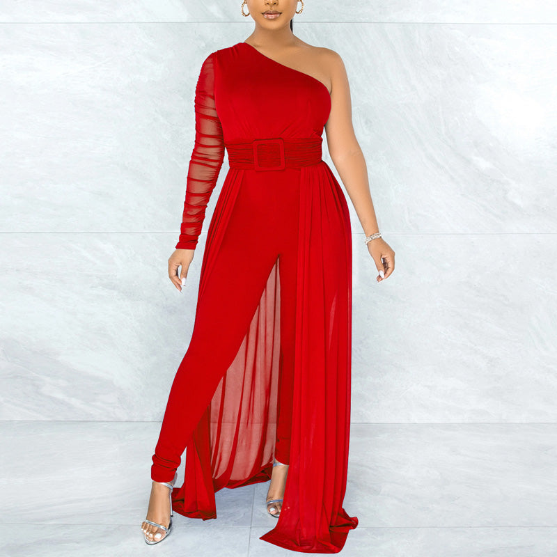 Solid Oblique Shoulder Mesh Patchwork Jumpsuit