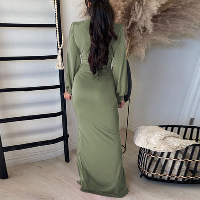 Solid V-Neck Long Sleeve High Slit Shirt Dress