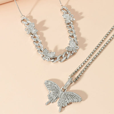 Rhinestone Butterfly Pattern Layered Necklace