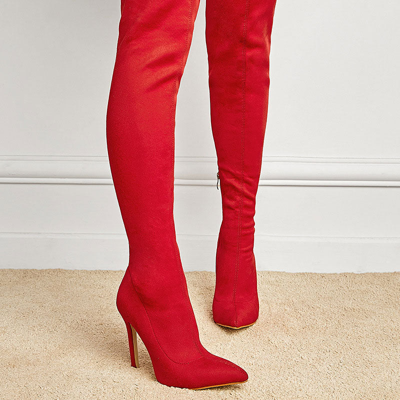 Suede Pointed Toe Zipper Design Knee-High Boots