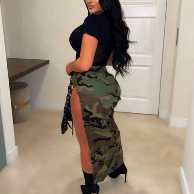 Camouflage Print High Slit Skirt