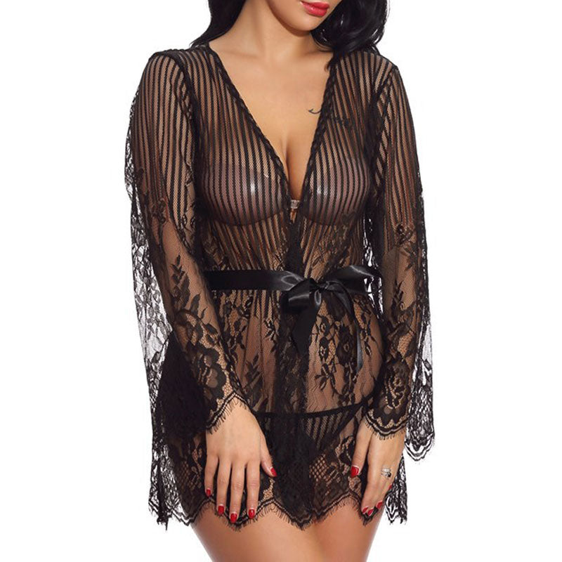 Solid V-Neck Long Sleeve Lace Nightdress