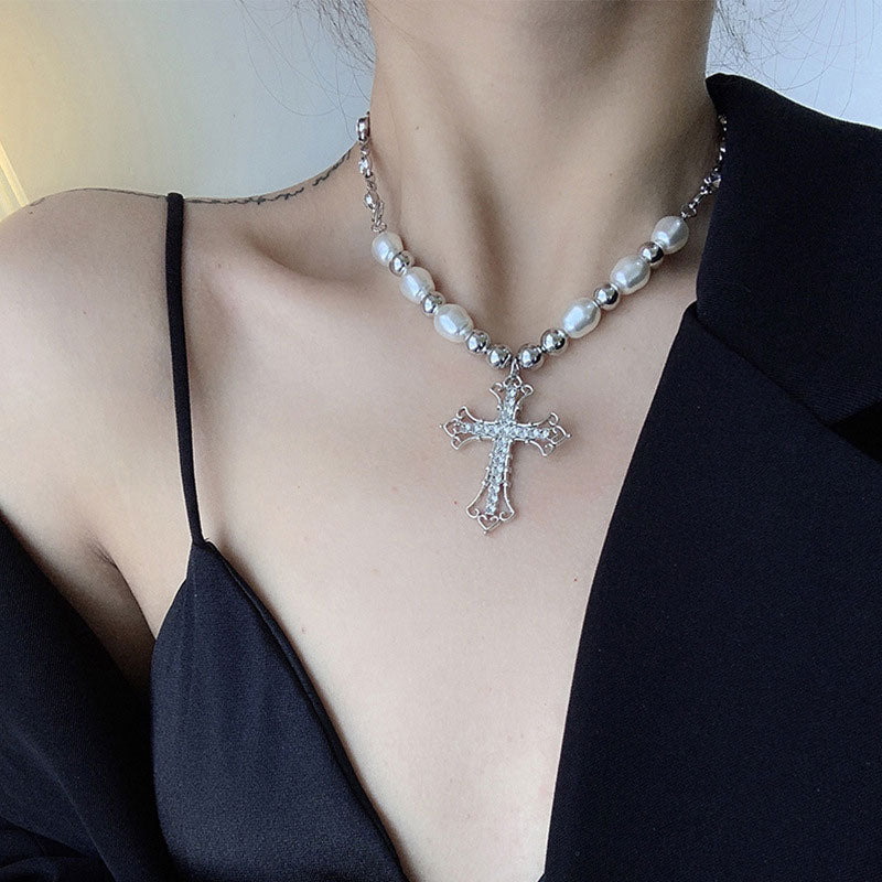 Beaded Rhinestone Cross Pattern Necklace