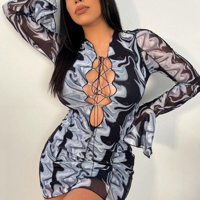 Print Flared Sleeve Lace Up Bodycon Dress