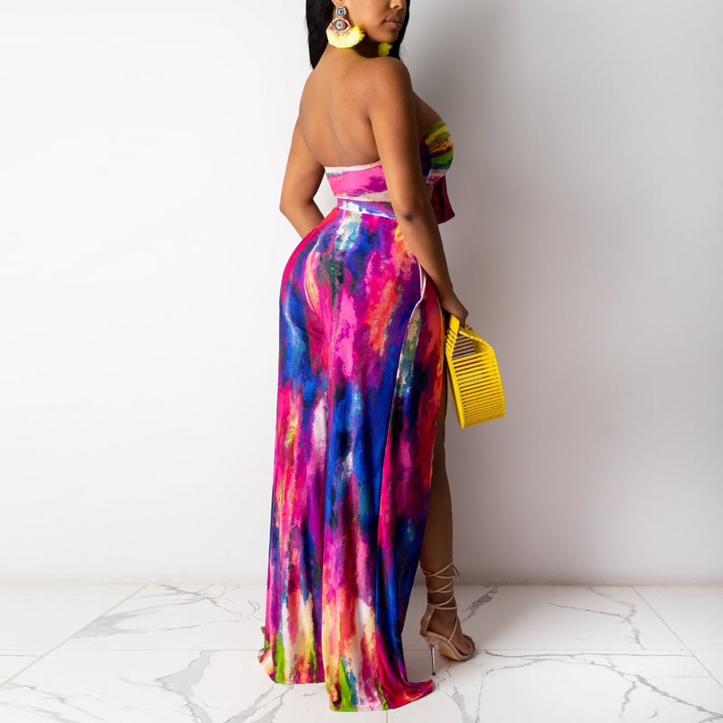 Tie Dye Print Sleeveless High Split Pants Set