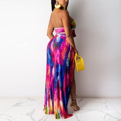 Tie Dye Print Sleeveless High Split Pants Set