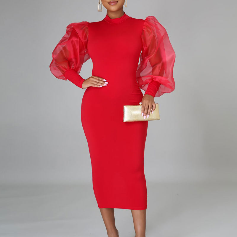 Solid Mesh Lantern Sleeve Midi Dress