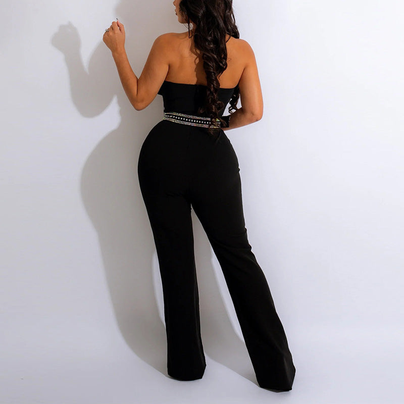 Rhinestone Banedau Sheer Mesh Patchwork Jumpsuit