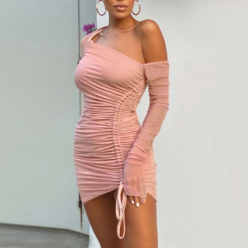 Solid One Shoulder Sheer Mesh Drawstring Bodycon Dress