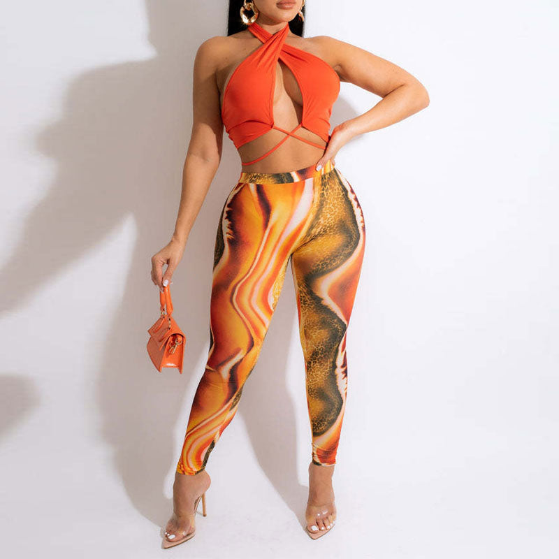 Solid Halter Bandage Tube Top & Print Pants Set