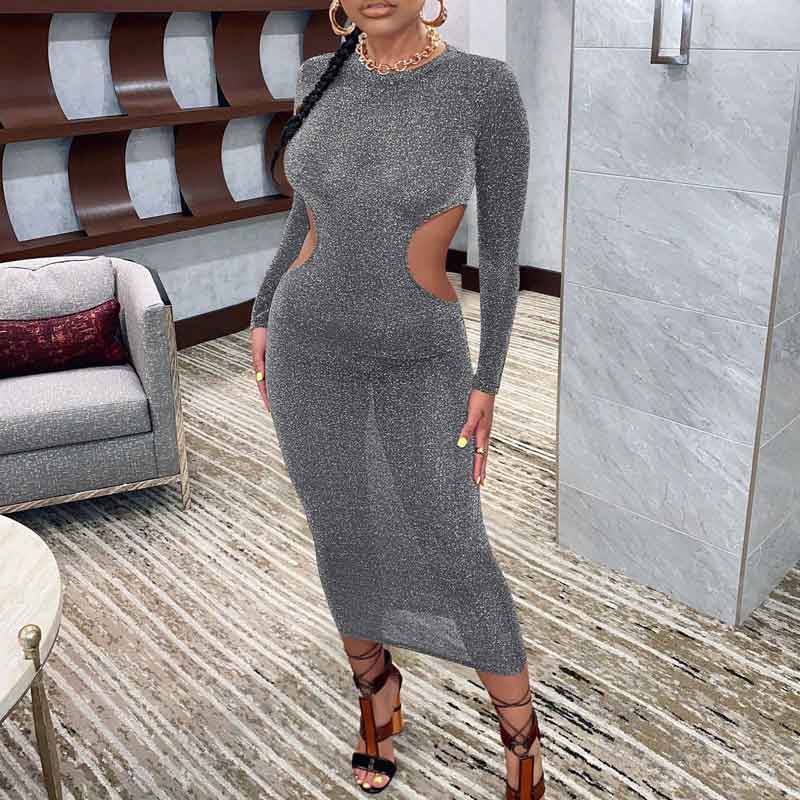 Glitter Long Sleeve Cut Out Midi Dress