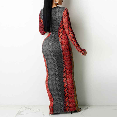 Snakeskin Print Long Sleeve Hollow Out Maxi Dress