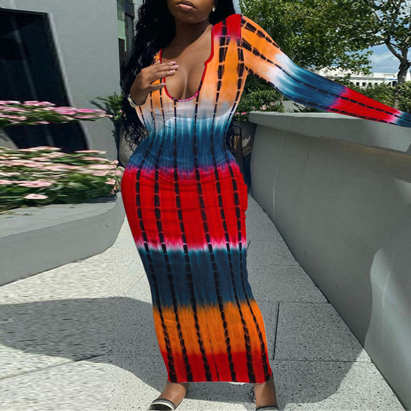 Tie Dye Print Deep V-Neck Maxi Dress