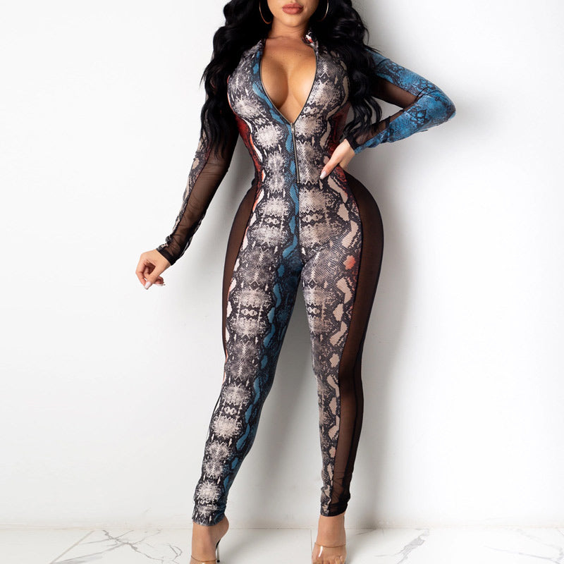 Snake Skin Sheer Mesh Patchwork Zipper Design Long Sleeve Jumpsuit