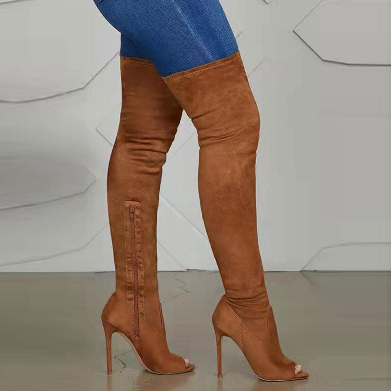 Solid Peep Toe Zipper Design Knee-High Boots