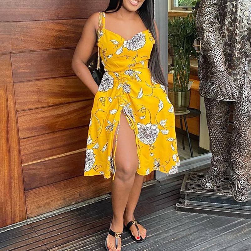 Floral Print Sleeveless Drawstring High Slit Dress