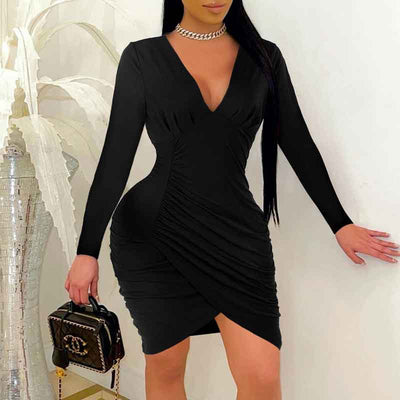 Solid Deep V-Neck Long Sleeve Ruched Bodycon Dress